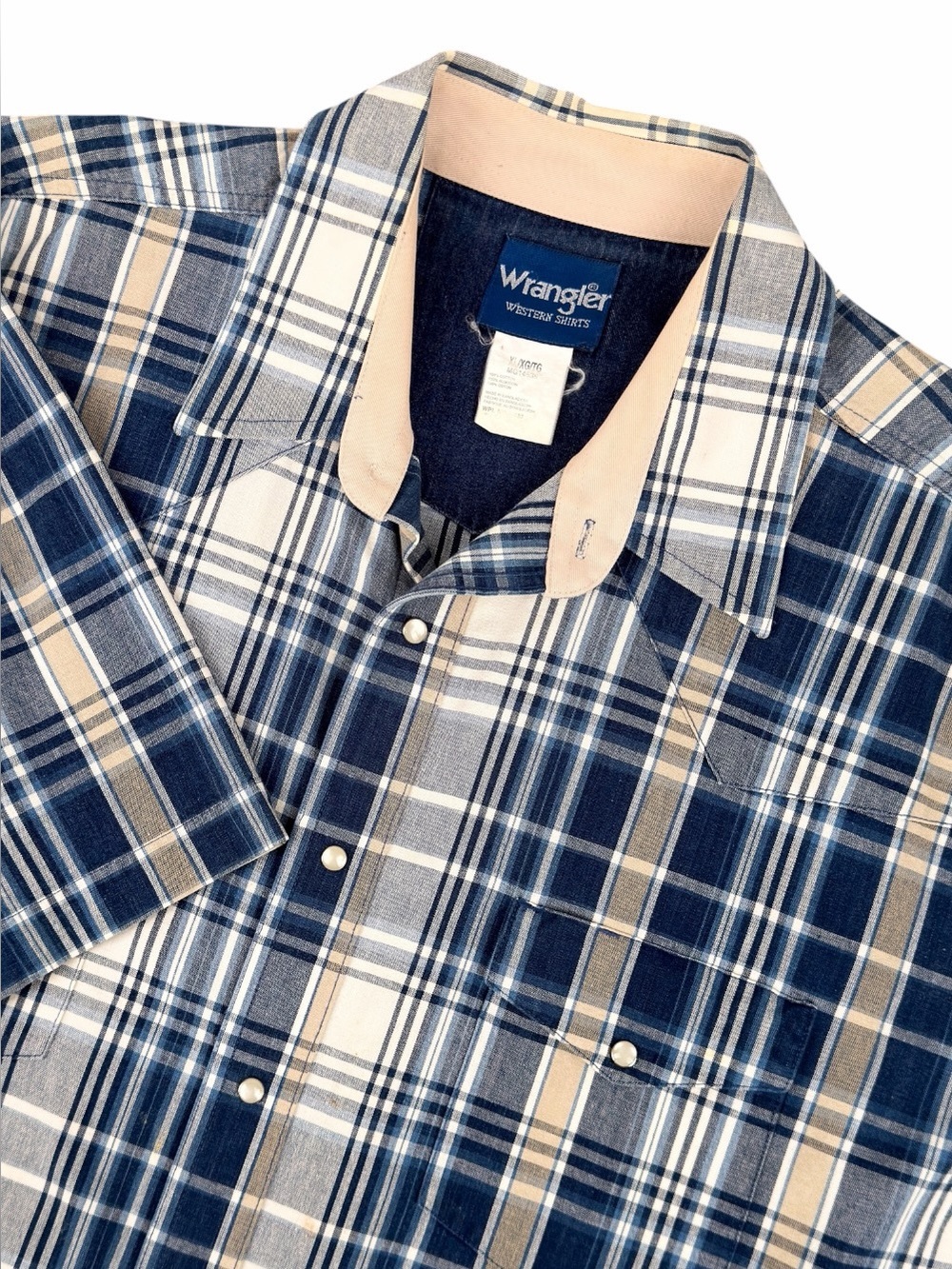 Wrangler Men’s XL Western Shirt Blue Plaid Pearl Snap Short Sleeve 100% Cotton